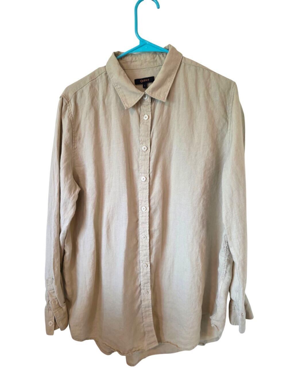Quince Womens Long Sleeve Button Front Linen Top Size Large Beige
